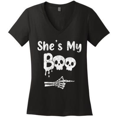 Matching Halloween Pajama Couples She’S My Boo Skull Face Women's V-Neck T-Shirt