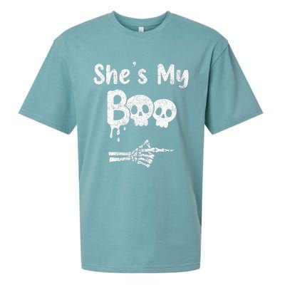 Matching Halloween Pajama Couples She’S My Boo Skull Face Sueded Cloud Jersey T-Shirt