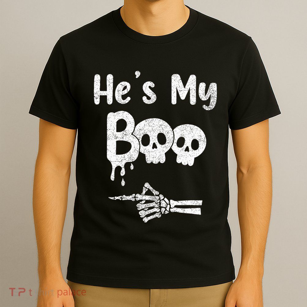 Matching Halloween Pajama Couples Hes My Boo Skull Face T-Shirt