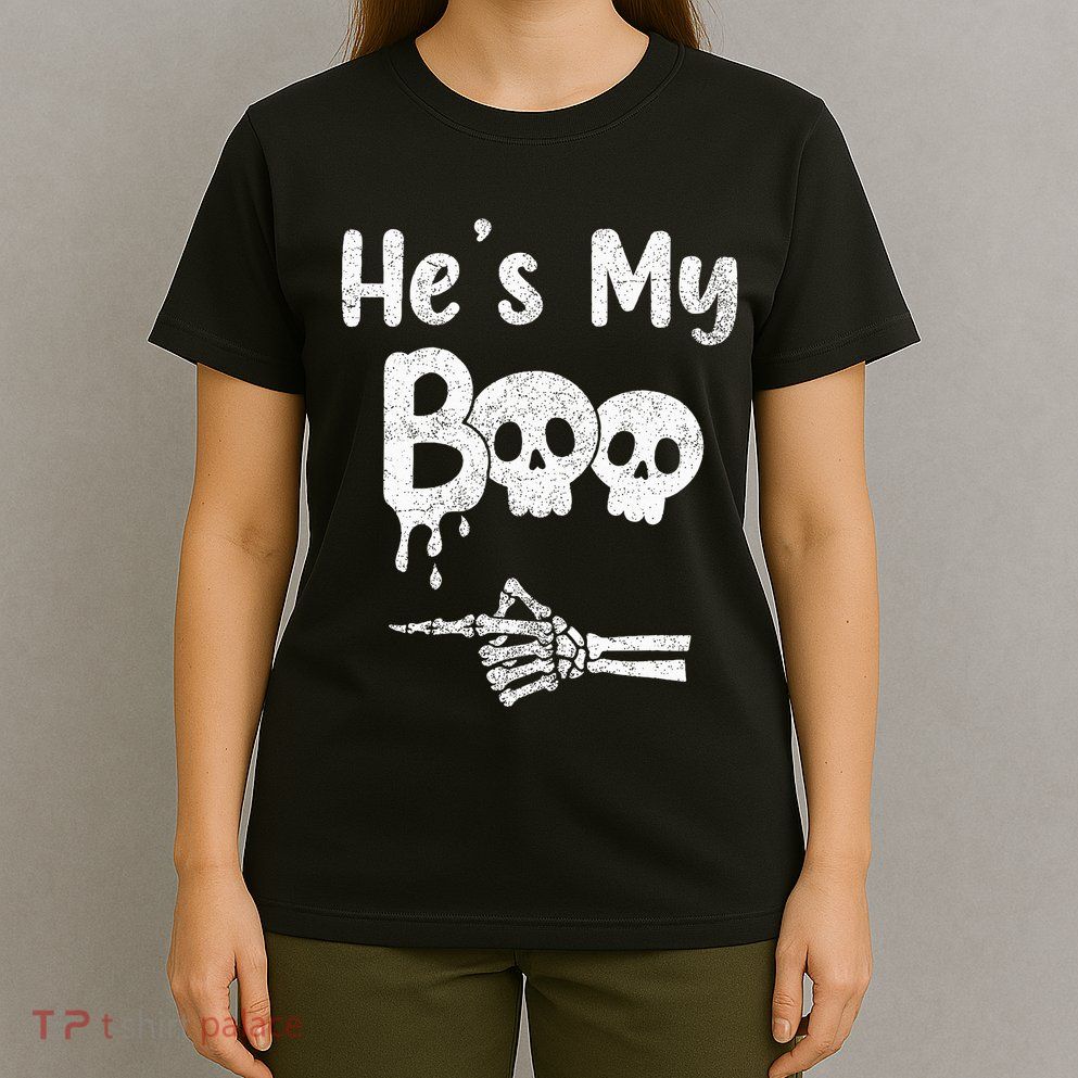 Matching Halloween Pajama Couples Hes My Boo Skull Face T-Shirt