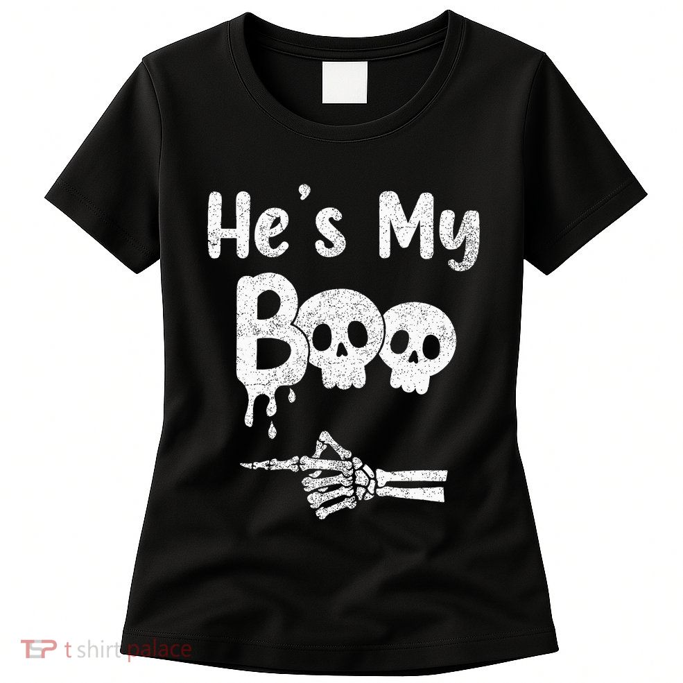 Matching Halloween Pajama Couples Hes My Boo Skull Face Womens T-Shirt