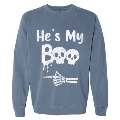 Matching Halloween Pajama Couples Hes My Boo Skull Face Garment-Dyed Sweatshirt