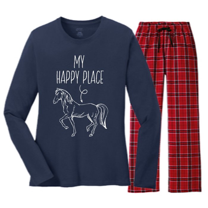 My Happy Place Horse Lover Gifts Horseback Riding Equestrian Women's Long Sleeve Flannel Pajama Set 