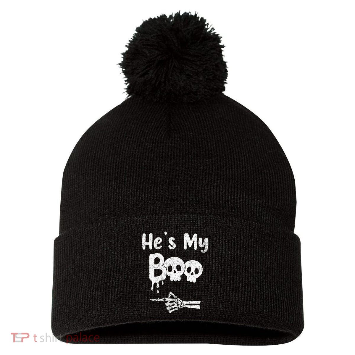 Matching Halloween Pajama Couples HeS My Boo Skull Face Pom Pom 12in Knit Beanie