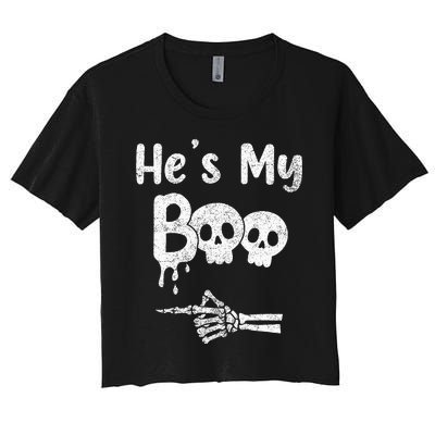 Matching Halloween Pajama Couples HeS My Boo Skull Face Women's Crop Top Tee