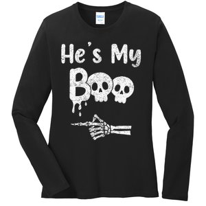 Matching Halloween Pajama Couples HeS My Boo Skull Face Ladies Long Sleeve Shirt