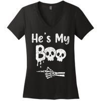 Matching Halloween Pajama Couples HeS My Boo Skull Face Women's V-Neck T-Shirt