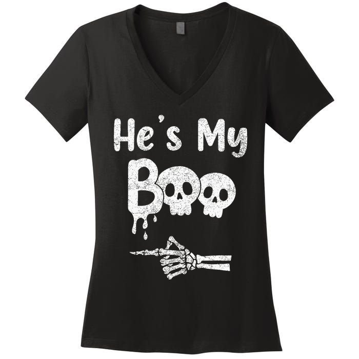 Matching Halloween Pajama Couples HeS My Boo Skull Face Women's V-Neck T-Shirt