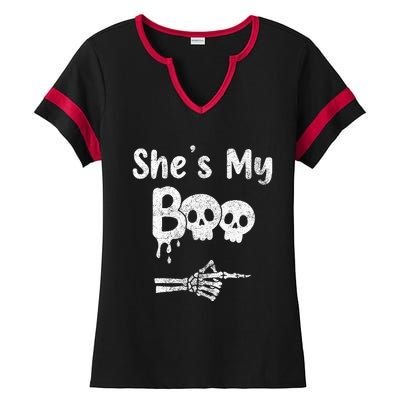 Matching Halloween Pajama Couples She’S My Boo Skull Face Ladies Halftime Notch Neck Tee