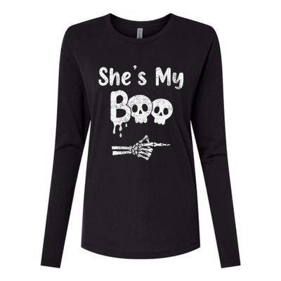 Matching Halloween Pajama Couples She’S My Boo Skull Face Womens Cotton Relaxed Long Sleeve T-Shirt