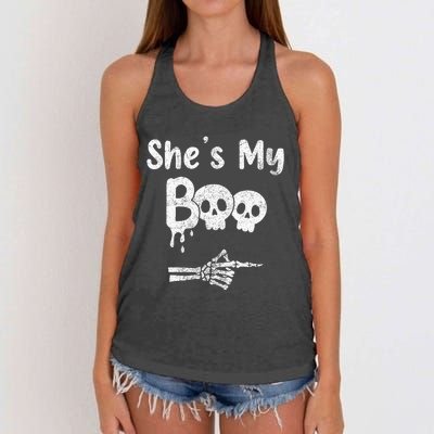 Matching Halloween Pajama Couples She’S My Boo Skull Face Women's Knotted Racerback Tank