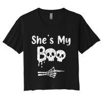 Matching Halloween Pajama Couples She’S My Boo Skull Face Women's Crop Top Tee