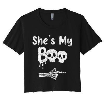 Matching Halloween Pajama Couples She’S My Boo Skull Face Women's Crop Top Tee