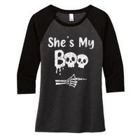 Matching Halloween Pajama Couples She’S My Boo Skull Face Women's Tri-Blend 3/4-Sleeve Raglan Shirt