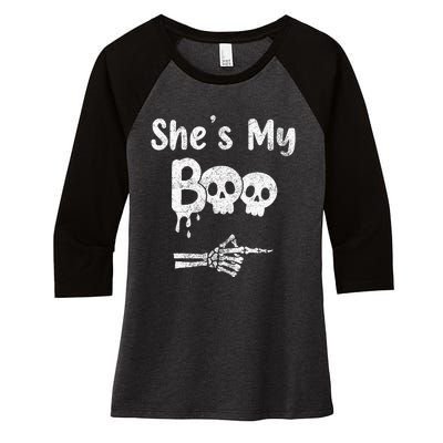 Matching Halloween Pajama Couples She’S My Boo Skull Face Women's Tri-Blend 3/4-Sleeve Raglan Shirt