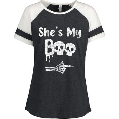 Matching Halloween Pajama Couples She’S My Boo Skull Face Enza Ladies Jersey Colorblock Tee