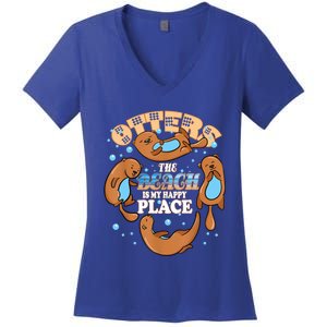 My Happy Place Is The Beach Funny Sea Otter Lover Great Gift Women's V-Neck T-Shirt