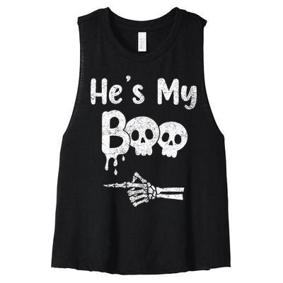 Matching Halloween Pajama Couples HeS My Boo Skull Face Women's Racerback Cropped Tank