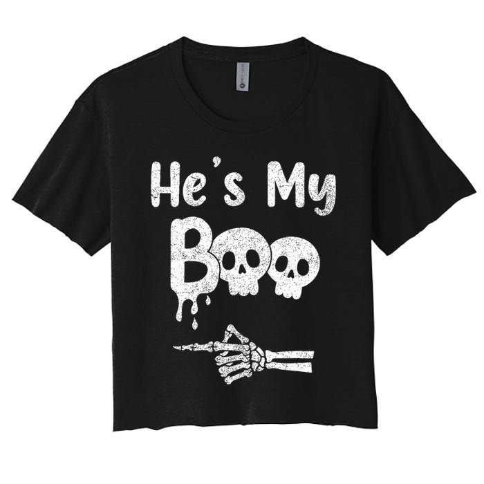 Matching Halloween Pajama Couples HeS My Boo Skull Face Women's Crop Top Tee