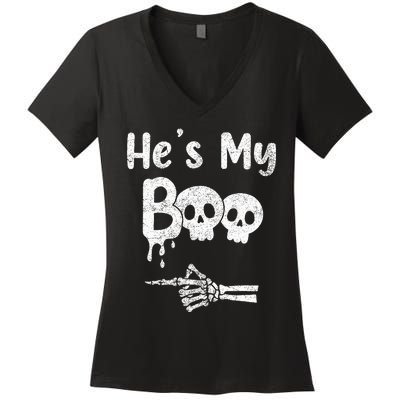 Matching Halloween Pajama Couples HeS My Boo Skull Face Women's V-Neck T-Shirt