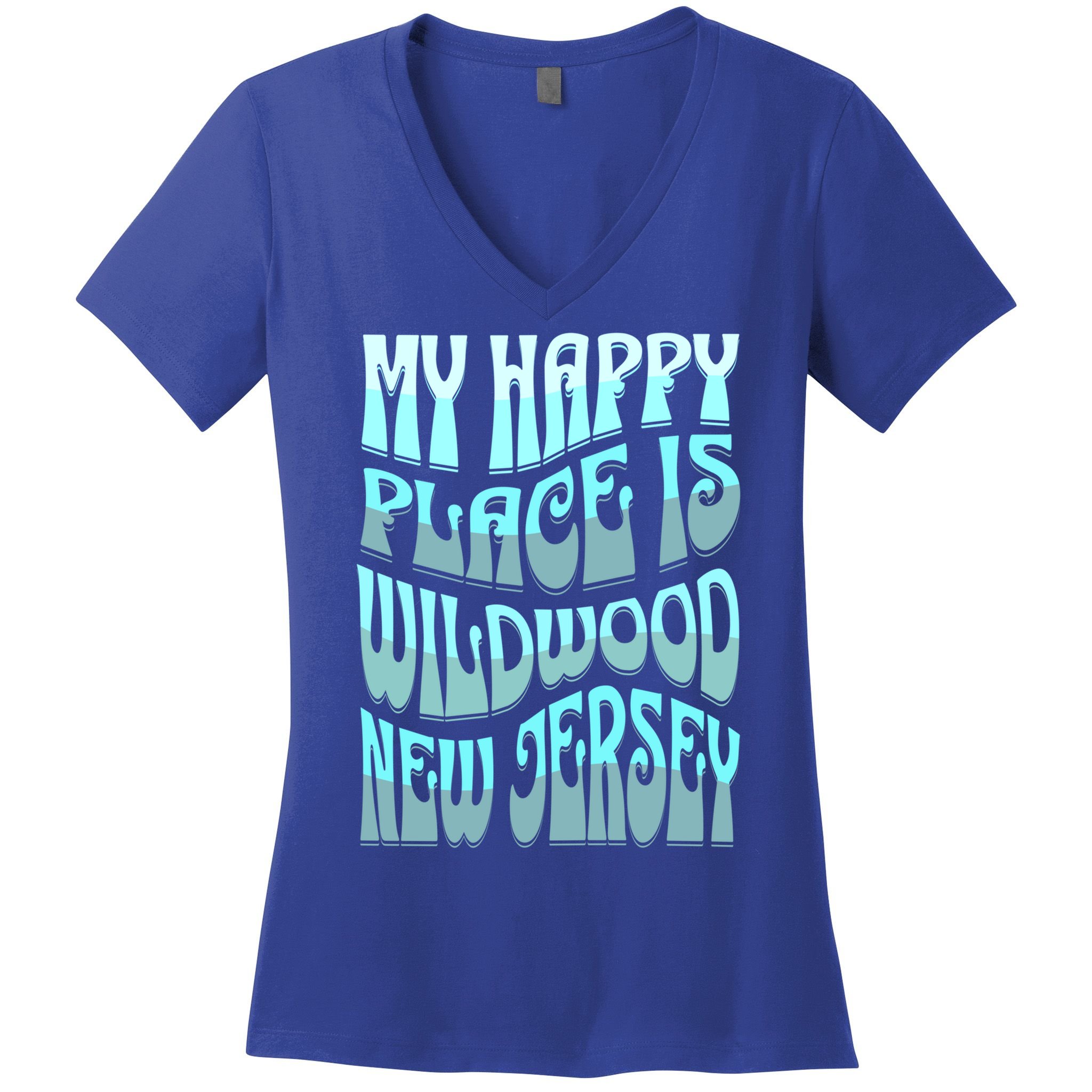 My Happy Place Is Wildwood New Jersey Ocean Beach Vacation Gift Women's V-Neck T-Shirt