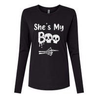 Matching Halloween Pajama Couples She’s My Boo Skull Face Womens Cotton Relaxed Long Sleeve T-Shirt