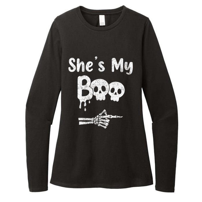 Matching Halloween Pajama Couples She’s My Boo Skull Face Womens CVC Long Sleeve Shirt