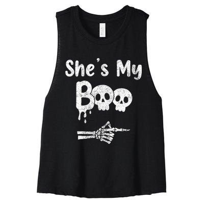 Matching Halloween Pajama Couples She’s My Boo Skull Face Women's Racerback Cropped Tank