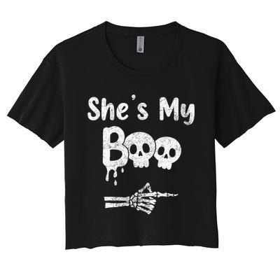 Matching Halloween Pajama Couples She’s My Boo Skull Face Women's Crop Top Tee