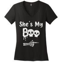 Matching Halloween Pajama Couples She’s My Boo Skull Face Women's V-Neck T-Shirt