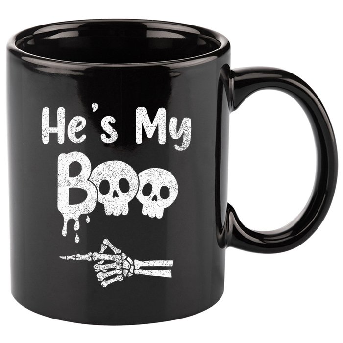 Matching Halloween Pajama Couples He's My Boo Skull Face 11oz C Handle Ceramic Mug