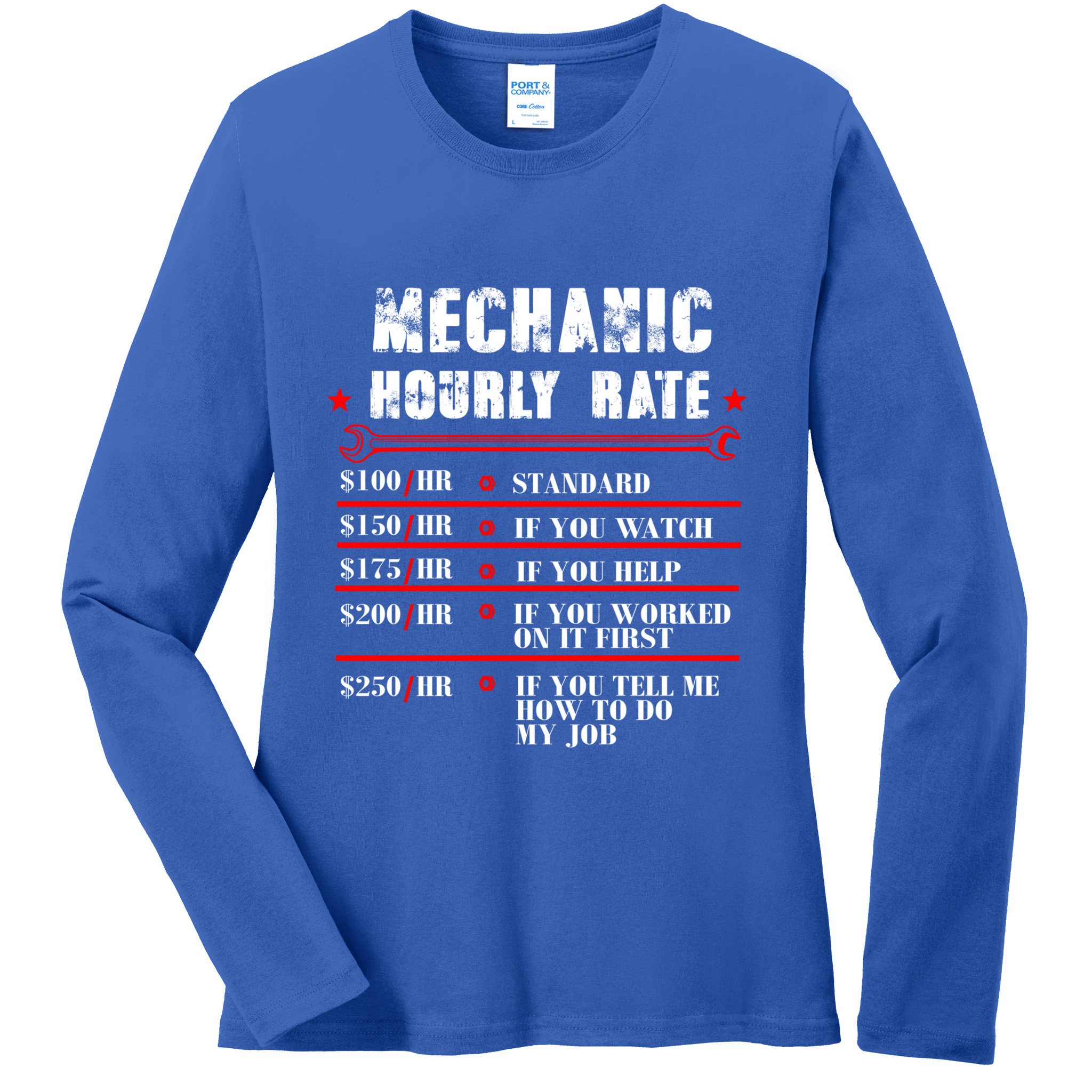 Mechanic Hourly Rate Funny Car Motorcycle Labor Mechanic Gift Ladies Long Sleeve Shirt
