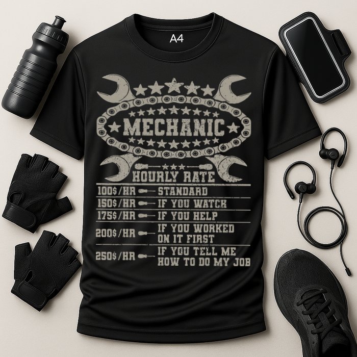 Mechanic Hourly Rate Saying Retro Car Guy Funny Mechanic Performance Shirt