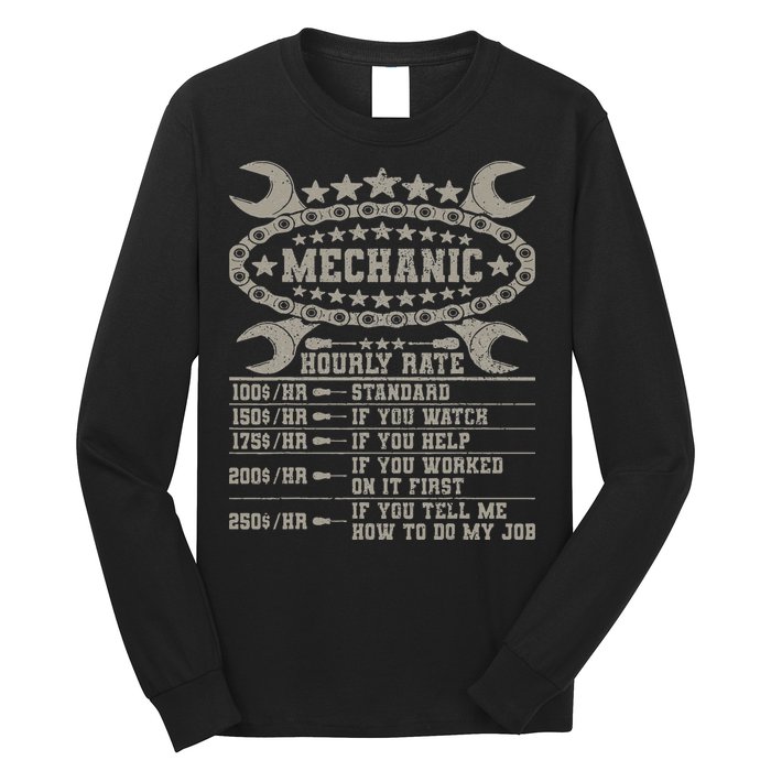 Mechanic Hourly Rate Saying Retro Car Guy Funny Mechanic Long Sleeve Shirt