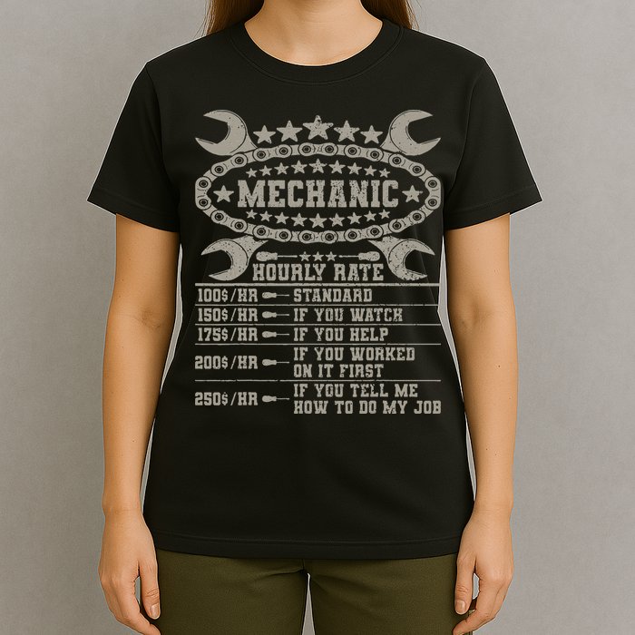 Mechanic Hourly Rate Saying Retro Car Guy Funny Mechanic T-Shirt