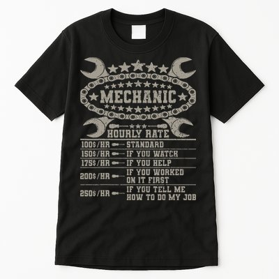 Mechanic Hourly Rate Saying Retro Car Guy Funny Mechanic Tall T-Shirt