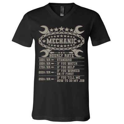 Mechanic Hourly Rate Saying Retro Car Guy Funny Mechanic V-Neck T-Shirt