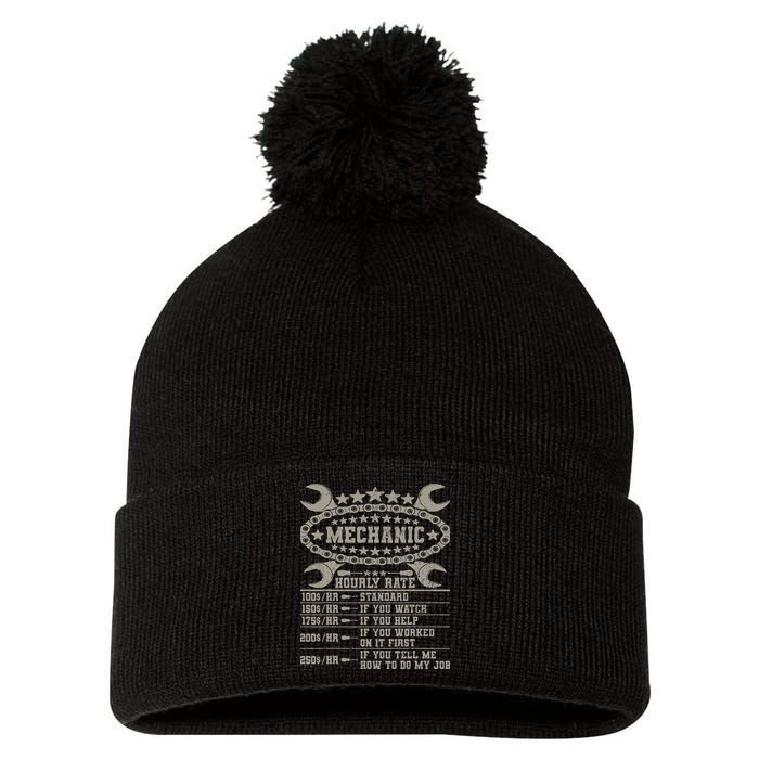 Mechanic Hourly Rate Saying Retro Car Guy Funny Mechanic Pom Pom 12in Knit Beanie