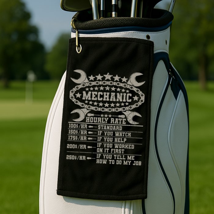 Mechanic Hourly Rate Saying Retro Car Guy Funny Mechanic Golf Towel