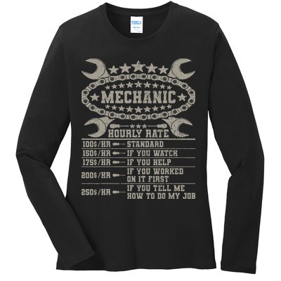 Mechanic Hourly Rate Saying Retro Car Guy Funny Mechanic Ladies Long Sleeve Shirt