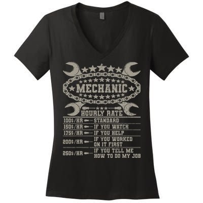 Mechanic Hourly Rate Saying Retro Car Guy Funny Mechanic Women's V-Neck T-Shirt