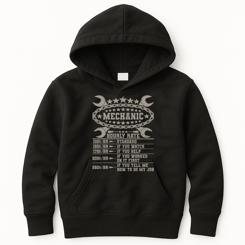 Mechanic Hourly Rate Saying Retro Car Guy Funny Mechanic Kids Hoodie