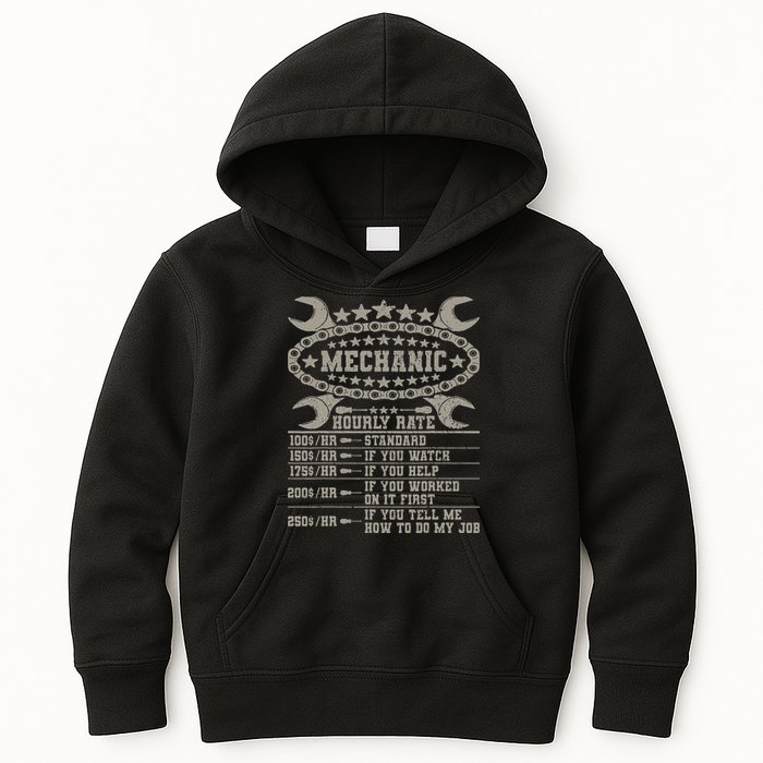 Mechanic Hourly Rate Saying Retro Car Guy Funny Mechanic Kids Hoodie