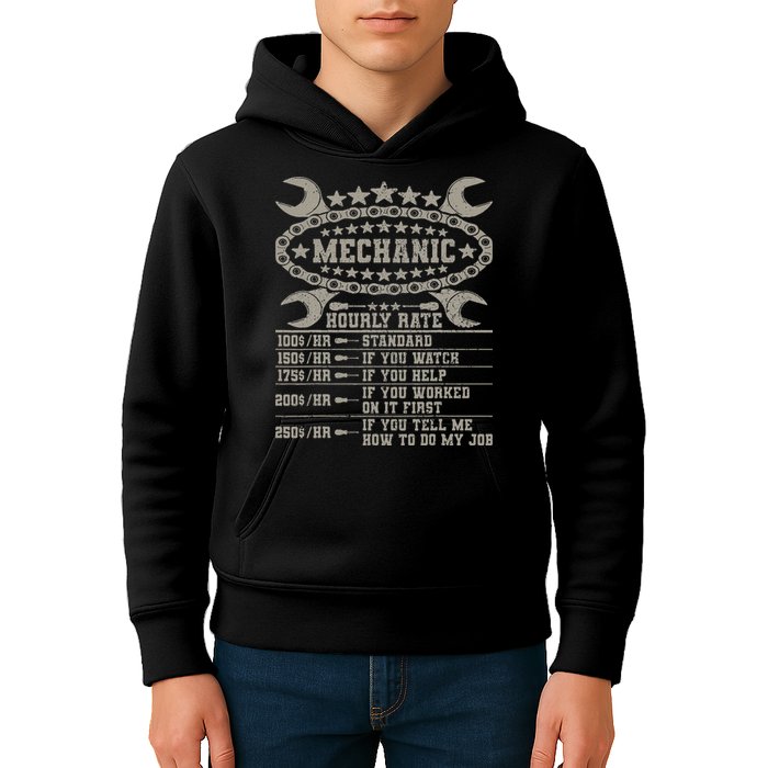 Mechanic Hourly Rate Saying Retro Car Guy Funny Mechanic Kids Hoodie