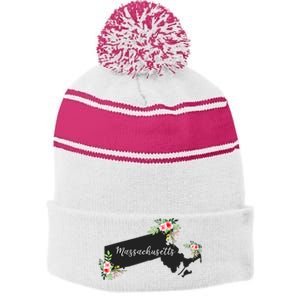 Massachusetts Home State Watercolor Flower Ma Stripe Pom Pom Beanie