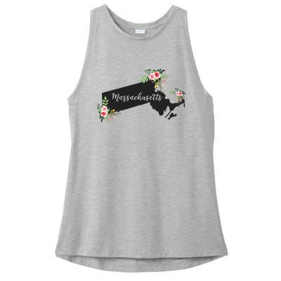 Massachusetts Home State Watercolor Flower Ma Ladies PosiCharge Tri-Blend Wicking Tank