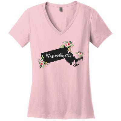 Massachusetts Home State Watercolor Flower Ma Women's V-Neck T-Shirt