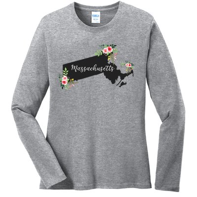 Massachusetts Home State Watercolor Flower Ma Ladies Long Sleeve Shirt