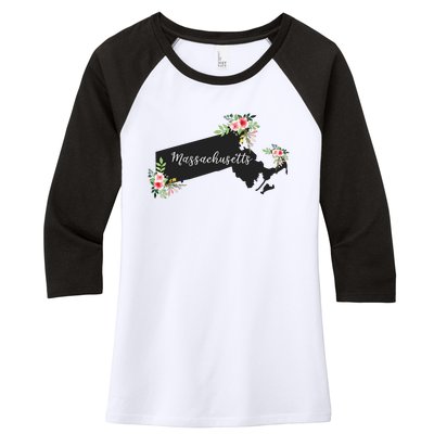 Massachusetts Home State Watercolor Flower Ma Women's Tri-Blend 3/4-Sleeve Raglan Shirt