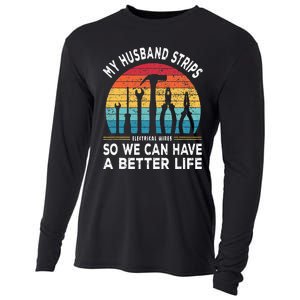 My Husband Strips Wires Lineman and Funny Electrician Cooling Performance Long Sleeve Crew